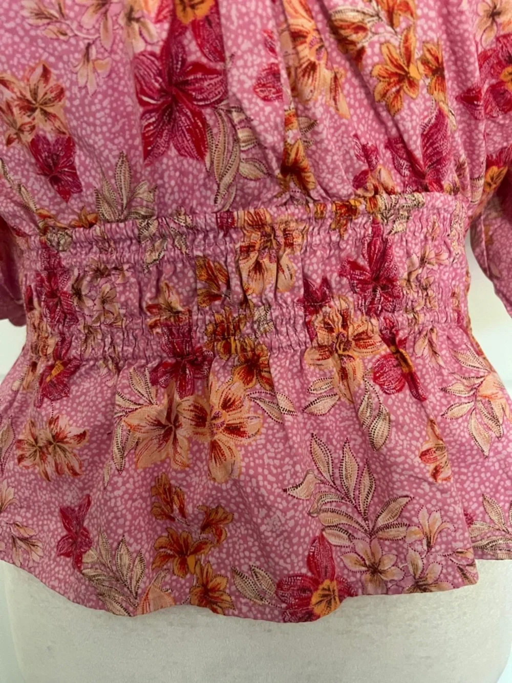 LOFT Pink Floral Blouse Large Peplum V Neck Puff Sleeve Lightweight Top